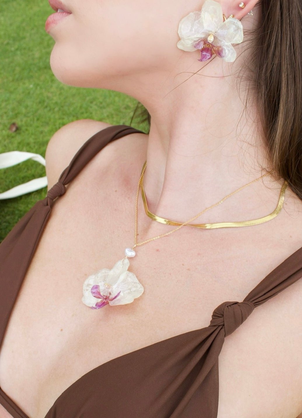 White with Purple Small Orchid Necklace